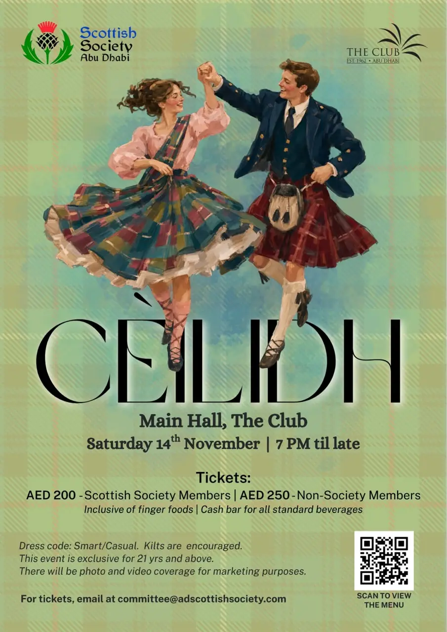 Cèilidh poster: a couple dancing in tartan, Saturday 14 November at The Club, Abu Dhabi